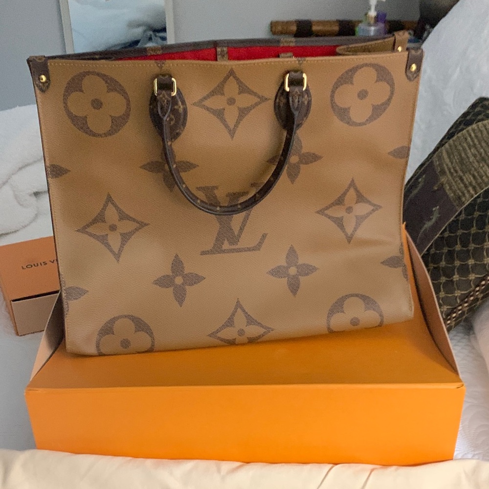 Louis Vuitton Tan and Brown Monogram Shopper Tote with Red Interior
